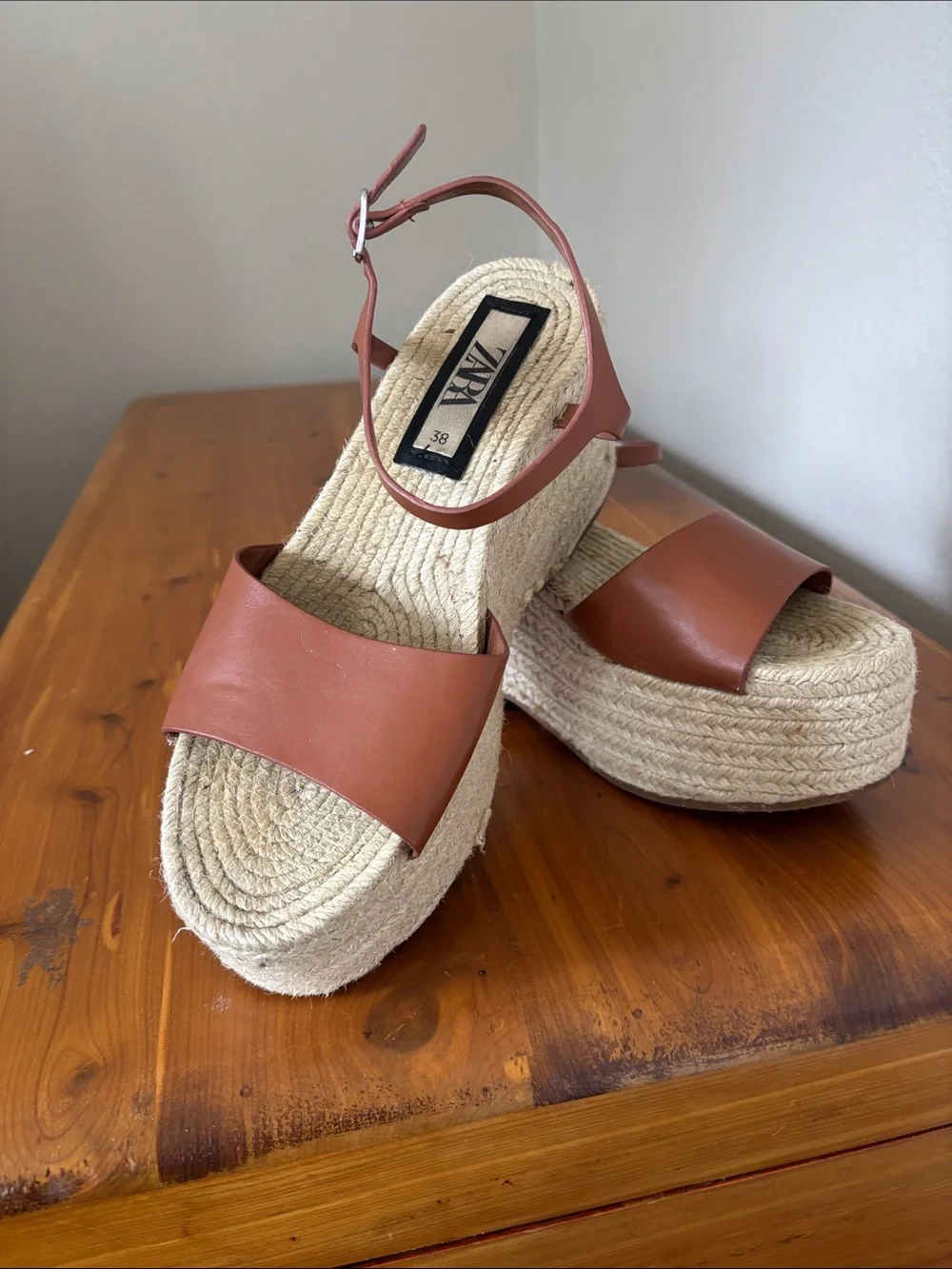 Zara Tan Leather Espadrille Platform Sandals